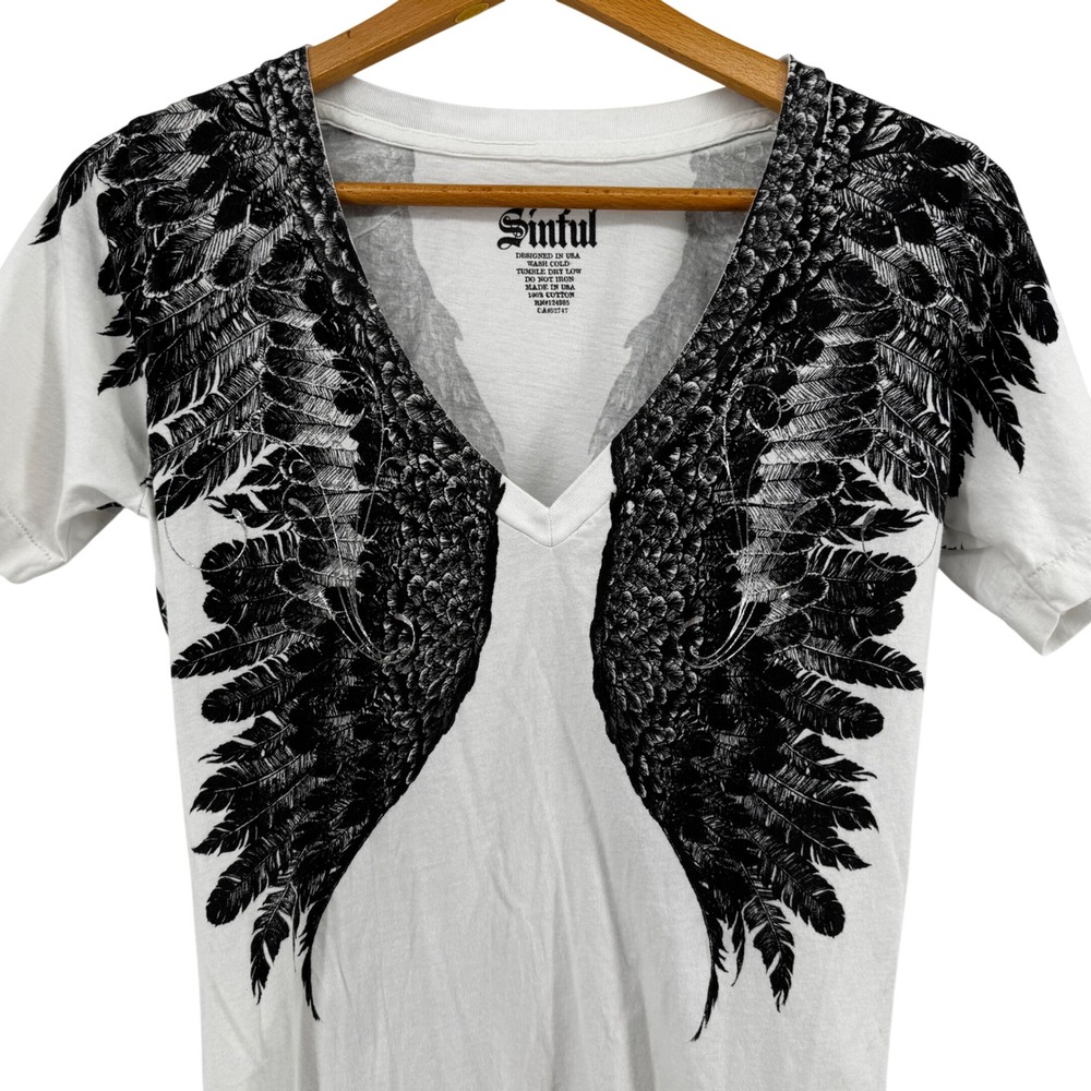 Sinful Affliction Y2K Women M White Black Wing Graphic Front and Back V-Neck Tee